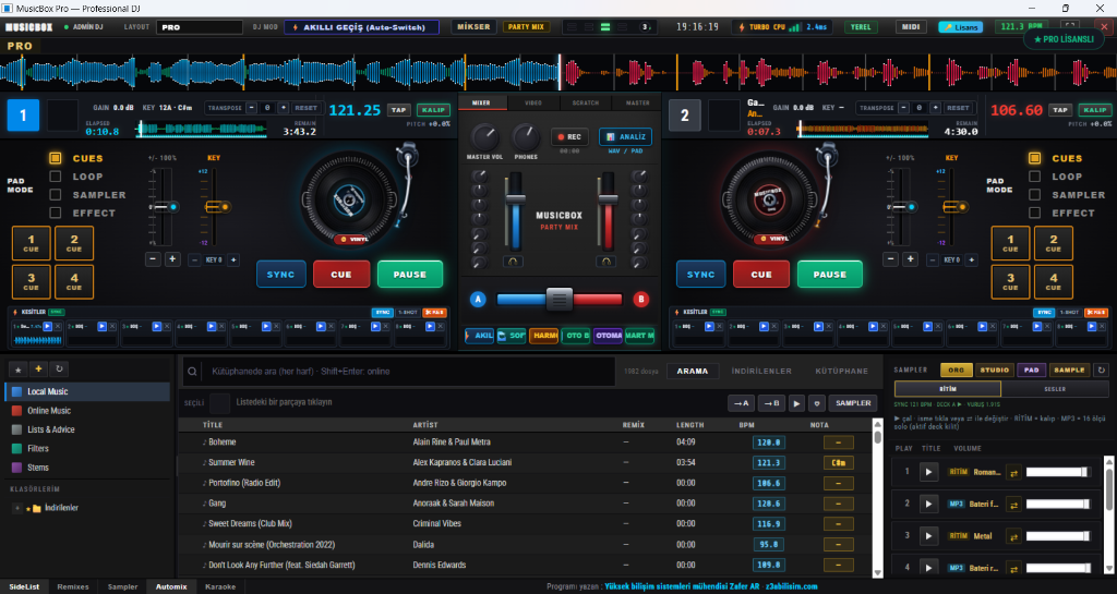 MusicBox Pro 4-Deck DJ ve Türk Org Canlı Arayüzü